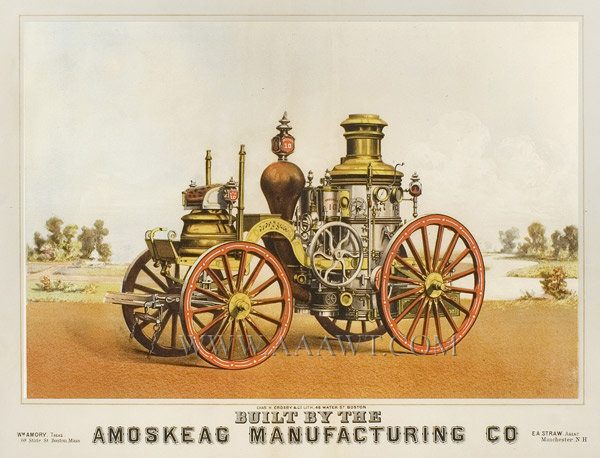Fire Pumper, Lithograph, Brooklyn 10, Amoskeag Mfg. Co., Great Color
Manchester, New Hampshire
Litho by Charles Crosby, Boston
Circa 1865 to 1875, entire view